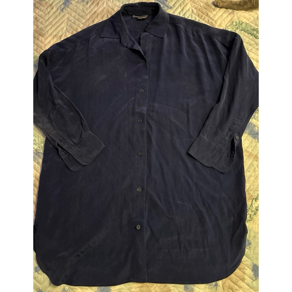 Vince Women's Navy Blue 100% Silk Oversized 3/4 Sleeve Shirtdress, Small